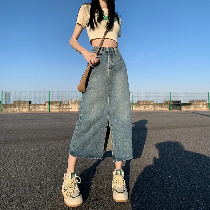 High Waisted Slim Fit Midi Denim Skirt Versatile Bodycon Side Slit Spring Summer Fashion Wholesale Available