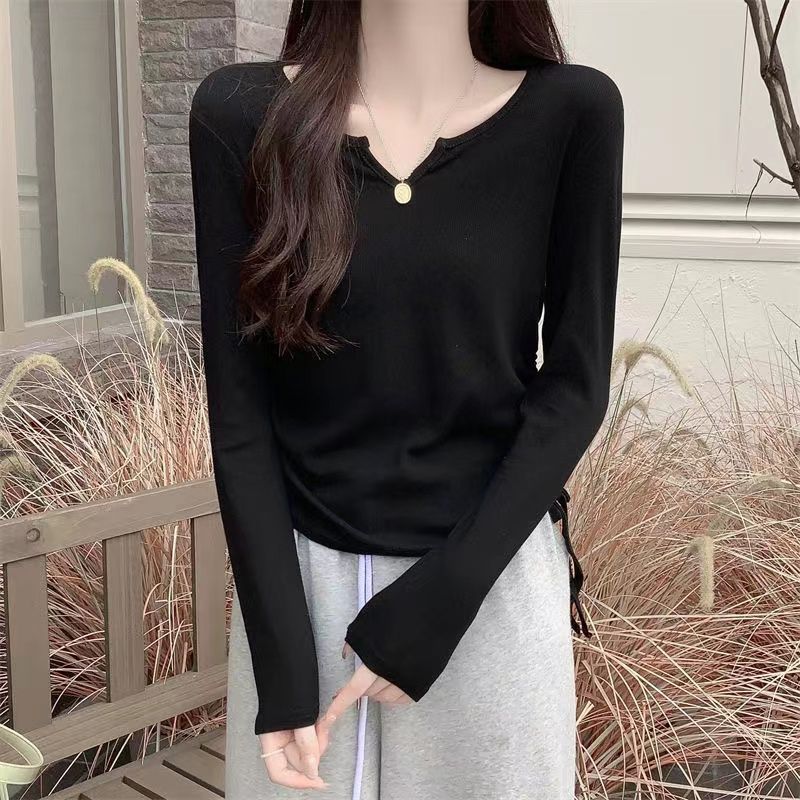 Womens Long Sleeve T Shirt V Neck Drawstring Versatile Chic Design Casual Layering Top for Spring and Autumn