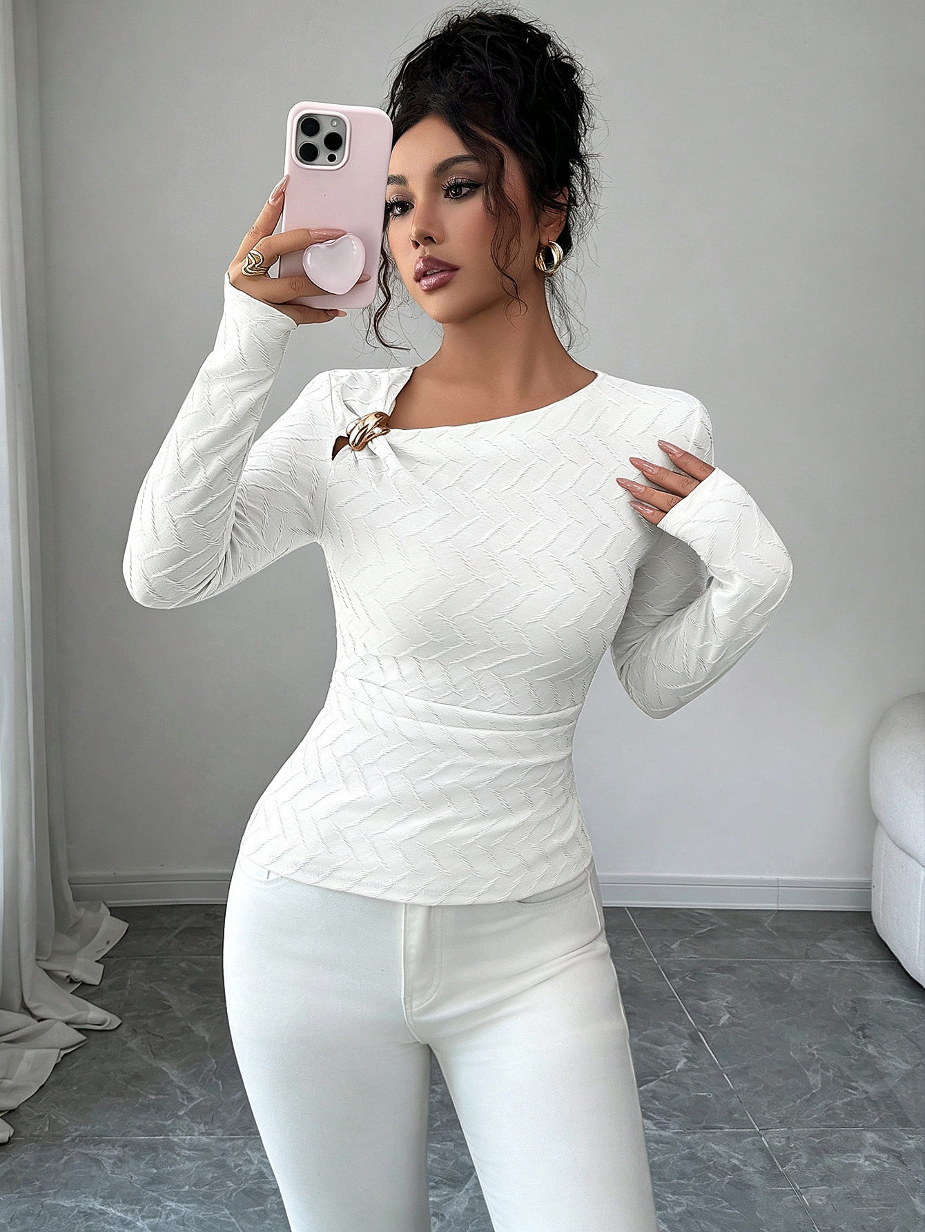 Long Sleeve T Shirt Asymmetrical Neckline Metal Button Slim Fit Solid Color Autumn Winter Fashion Wholesale