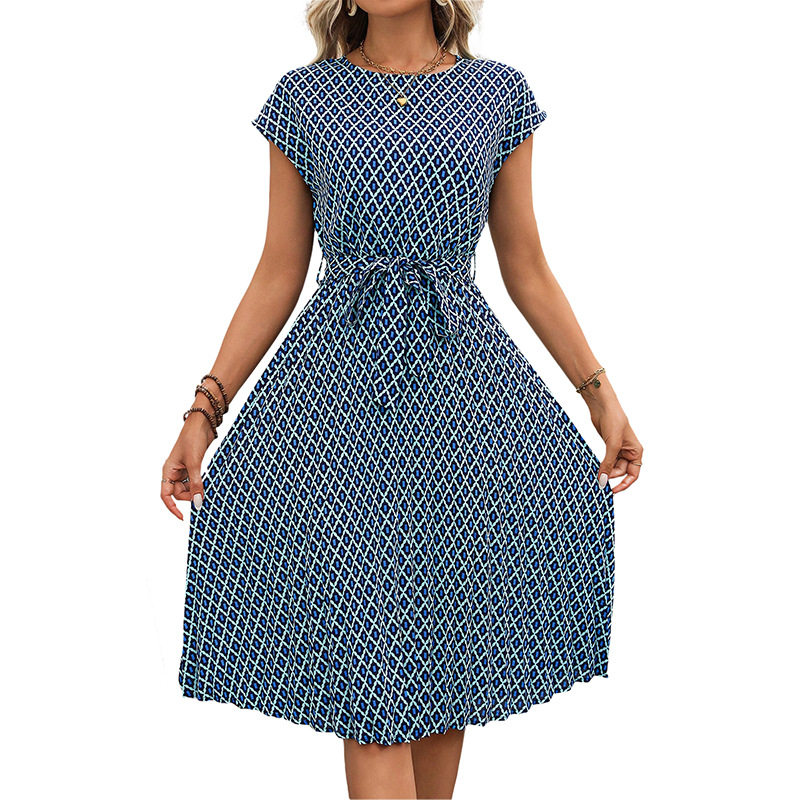 Geometric Print Short Sleeve Dress Minimalist Style Round Neck Comfortable Fabric Perfect for Casual Occasions OEM