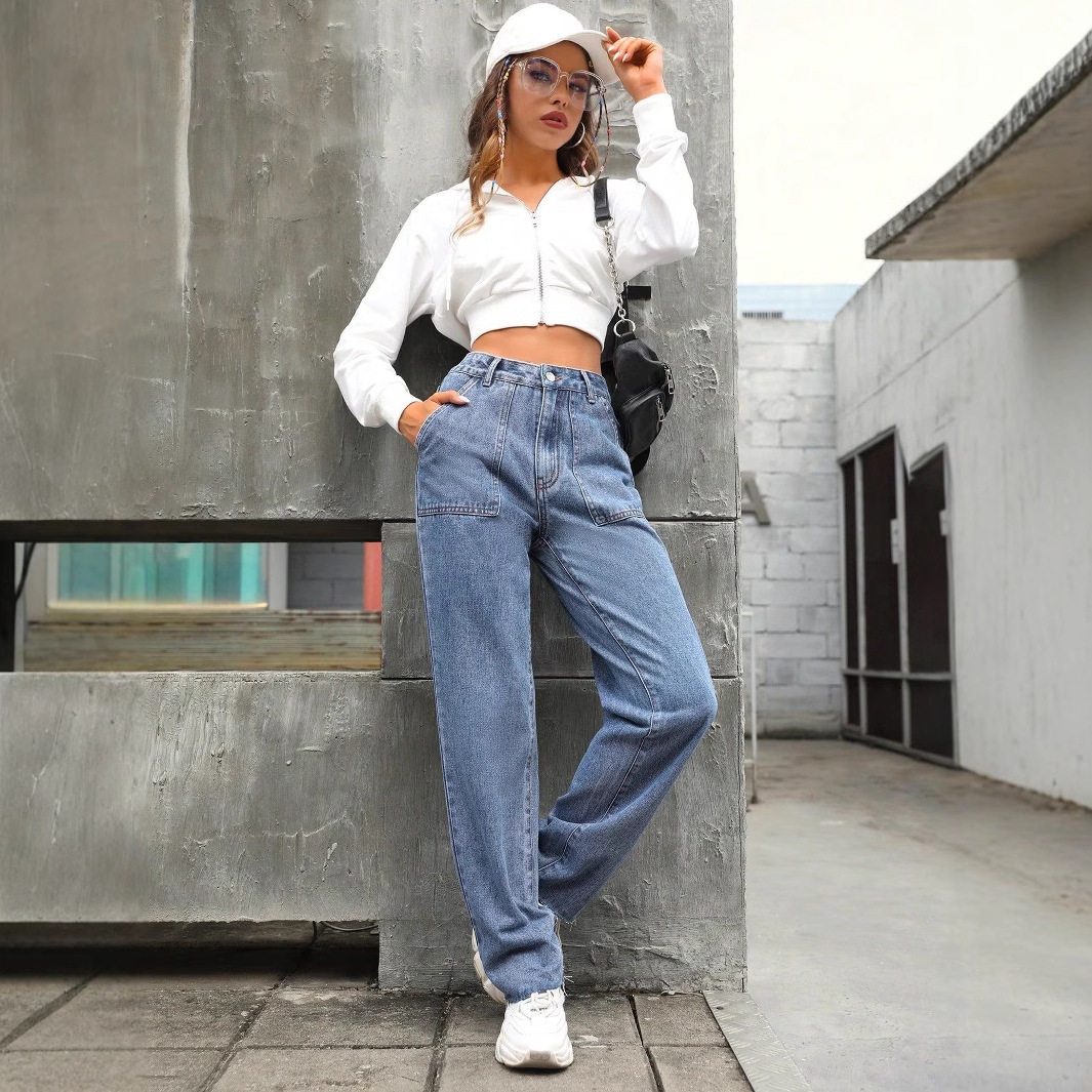High Waisted Wide Leg Jeans Slim Fit Large Pockets Denim Fabric Casual Wear for Women Wholesale Available
