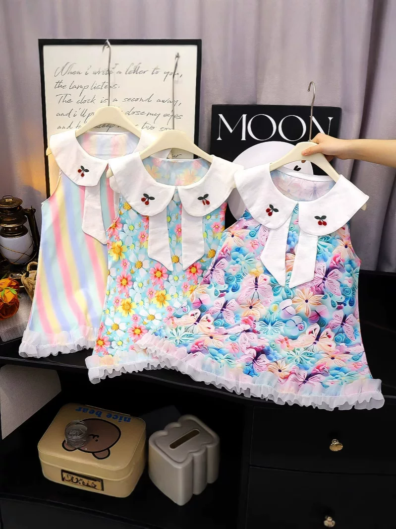 New Summer Girls' Dress, 3D Printed Sleeveless Tank Top A-Line Skirt for Toddlers, Little & Big Kids