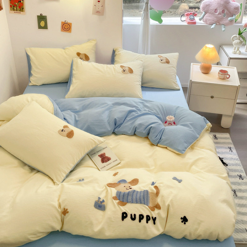 Ins New Towel Embroidered Cartoon Bedding Four-Piece Set Washed Cotton Quilt Cover Student Dormitory Bed Bed Sheets Three-Piece Set 4