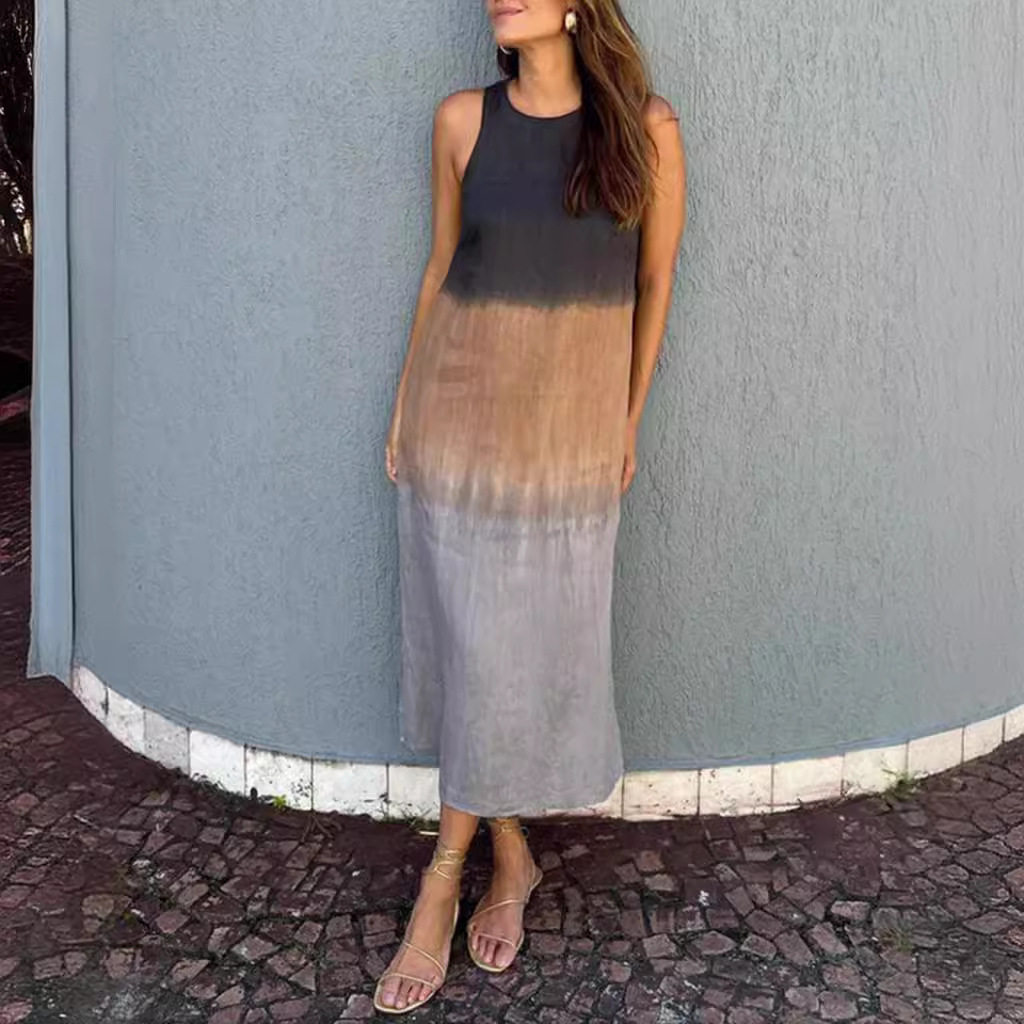 Summer Womens Sleeveless Color Block Printed Dress Loose Fit Round Neck Trendy Design Casual Wear Wholesale
