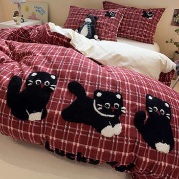 Pure Cotton Brushed Towel Embroidered Bed Four-Piece Set Pure Cotton Thickeneded Autumn and Winter Bedding Quilt Cover Bed Single Dormitory Three-Piece Set