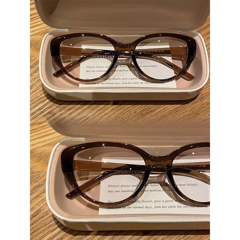 Tea-colored small frame cat's eye cold tea frame anti-blue light flat glasses can be equipped with high myopia without makeup slimming glasses frame