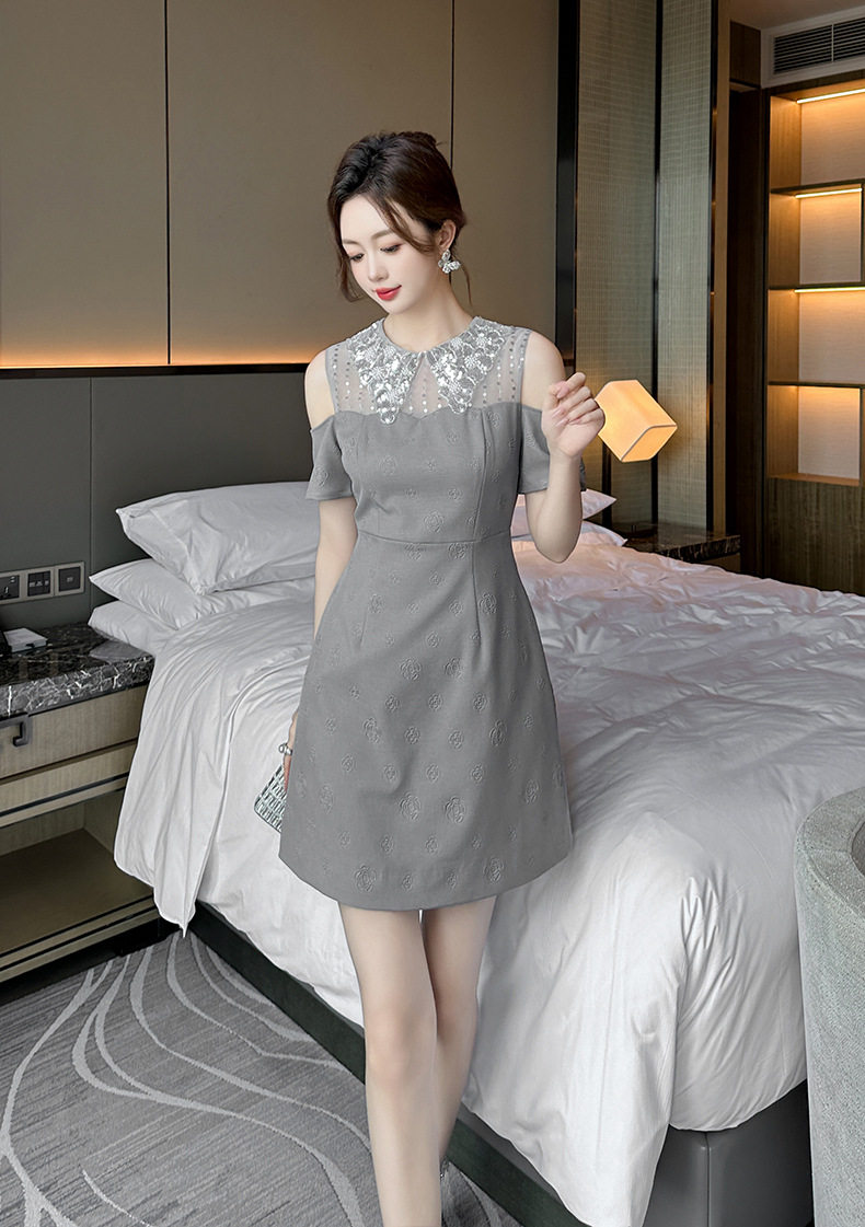 Đầm ôm body nữ cổ búp bê phong cách Pháp tay ngắn — [Xám] chi tiết 4