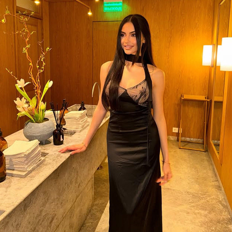 Elegant Womens Long Dress Sexy V Neck Lace Panel Slim Fit Satin Fabric Evening Party or Formal Occasion