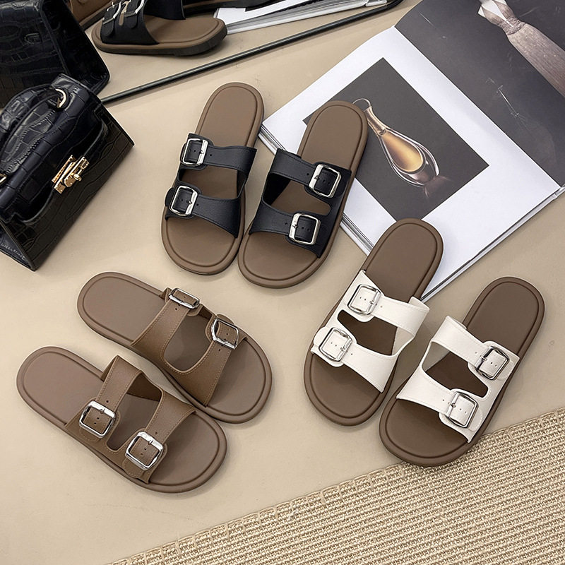 Summer New Slippers Women's Fashionable All-match Square Buckle Internet-famous Home Non-slip One-word Flops Outer Wear Flat Beach Shoes