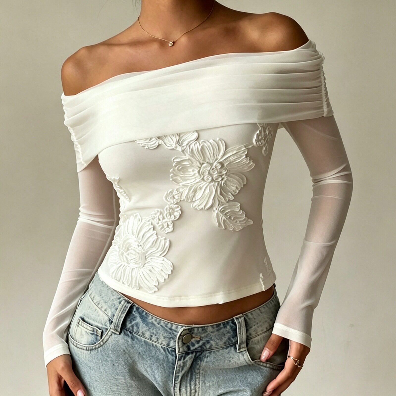 French Style Womens Long Sleeve T Shirt Embroidered Fitted Off Shoulder Autumn Fashion Wholesale Available
