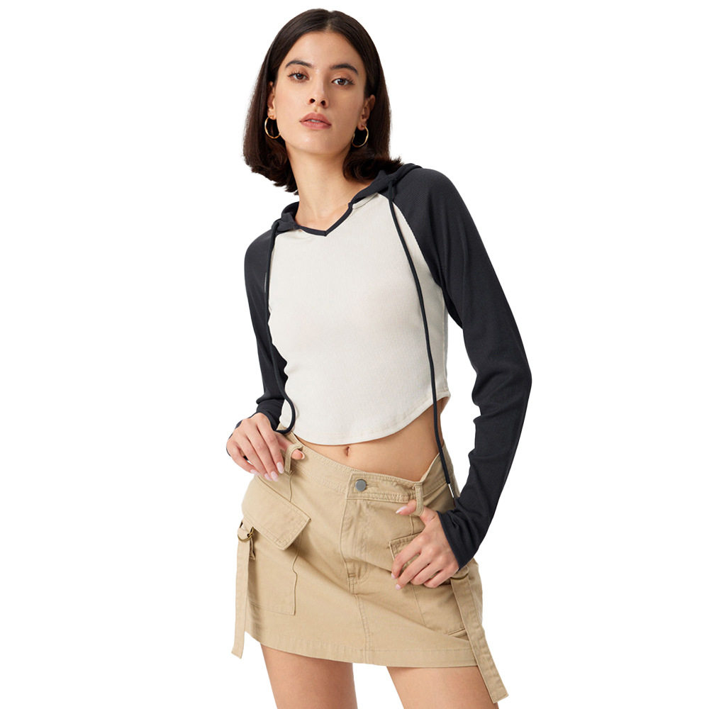 Womens Color Block Hooded Long Sleeve T Shirt Slim Fit Irregular Hem Spring Summer Style Wholesale Available