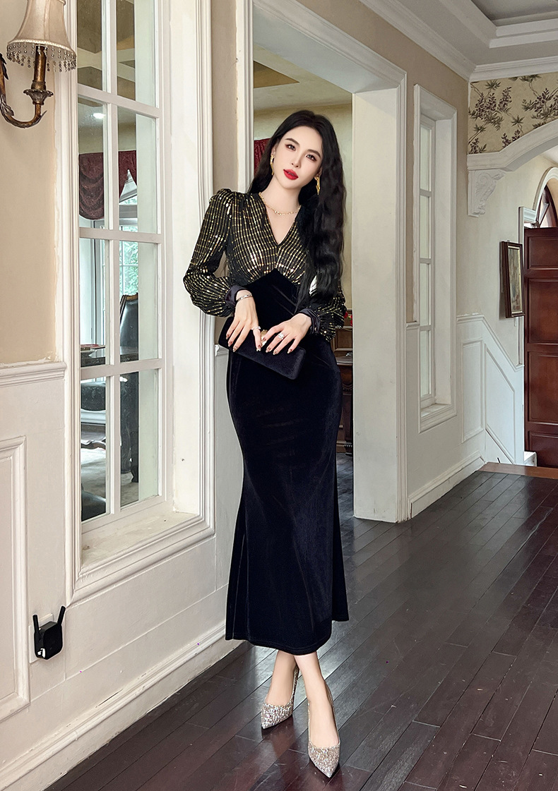 Đầm dài nhung phối sequin cổ chữ V dáng đuôi cá nữ — Xanh đá quý, Màu đen, Đỏ gỉ sắt
