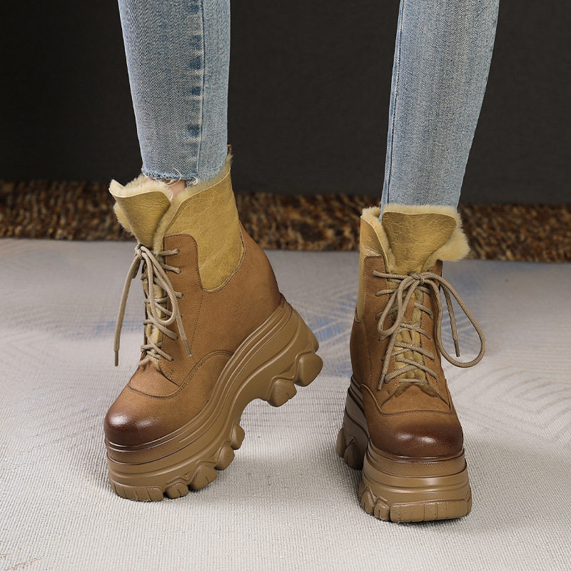 Boot Nữ Cổ Lông Đế Dày Chiều Cao Đế Khoảng 12cm Da Mờ Màu Nâu, Đen