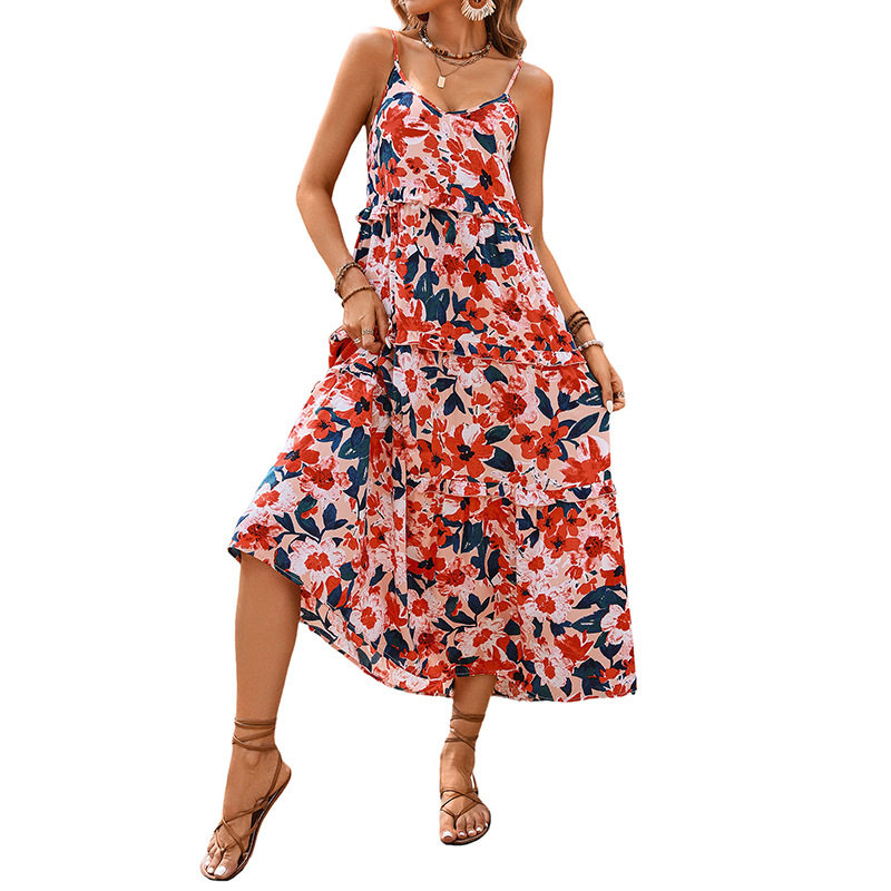 Summer Vacation Dress Casual Beach Style Floral Print Sleeveless Comfortable Fabric Wholesale Available