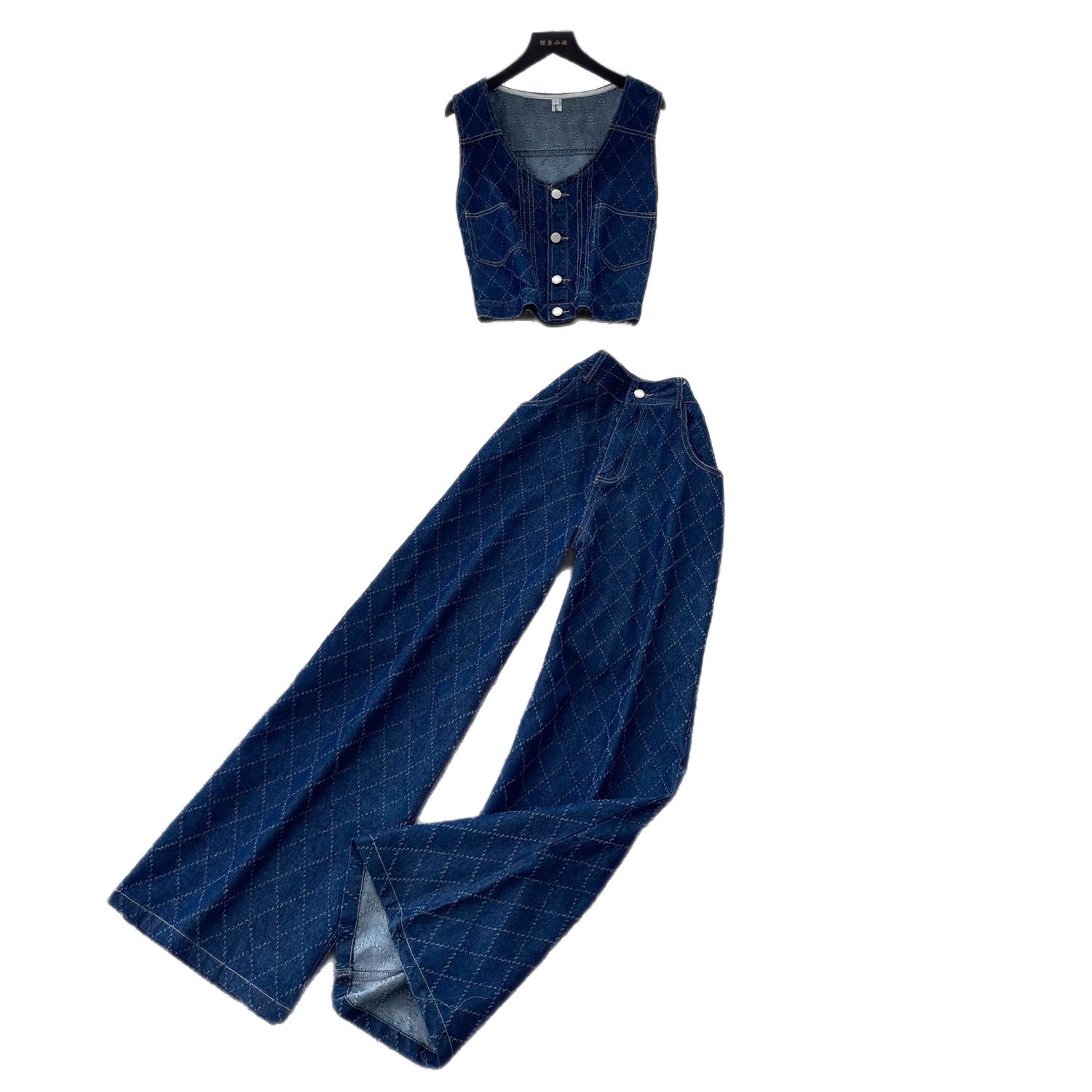 Korean Style Womens Denim Two Piece Set Sleeveless Top High Waisted Trousers Slim Fit Summer Casual Wear Wholesale