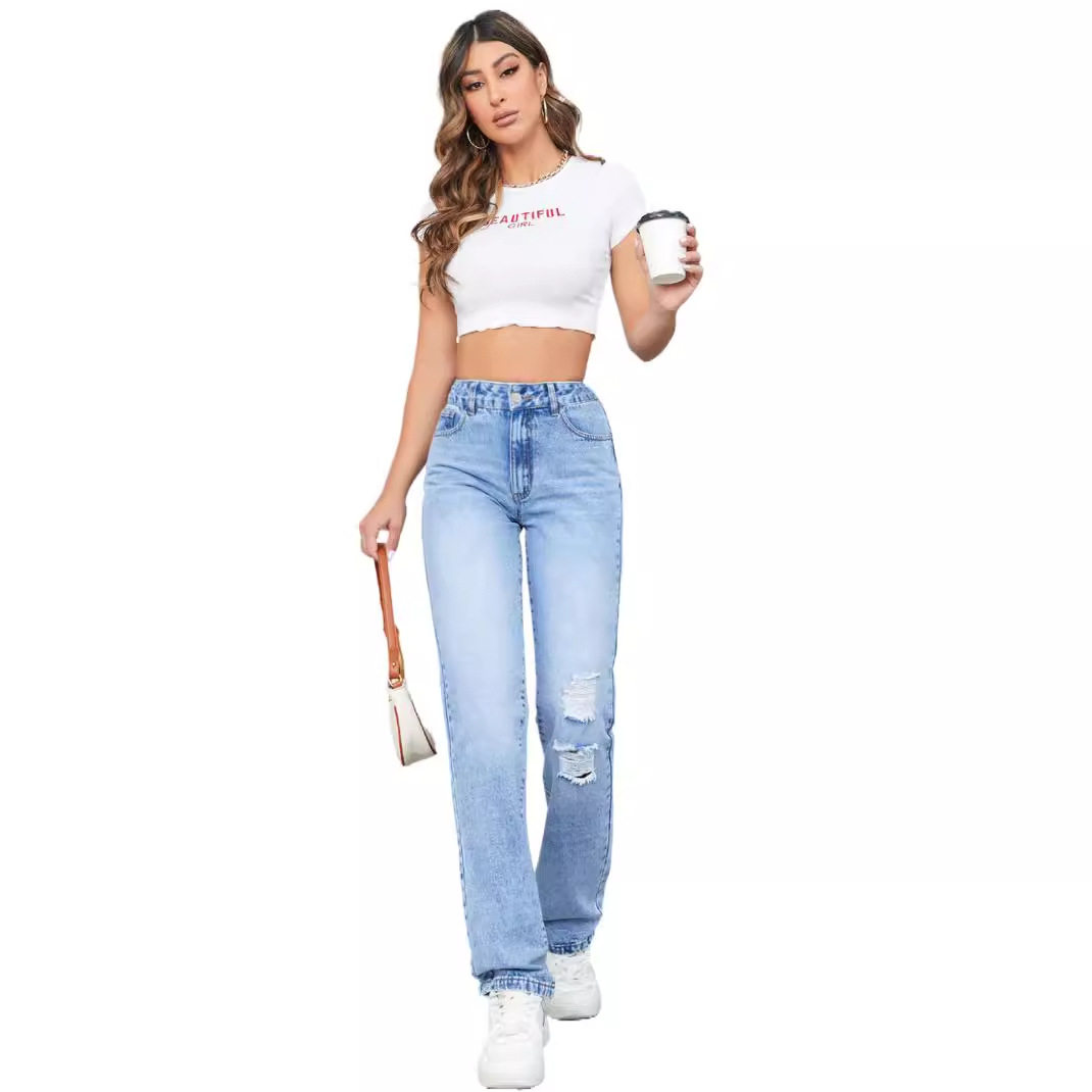 High Waisted Loose Fit Distressed Straight Leg Jeans Casual Style Perfect for Everyday Wear Wholesale Available