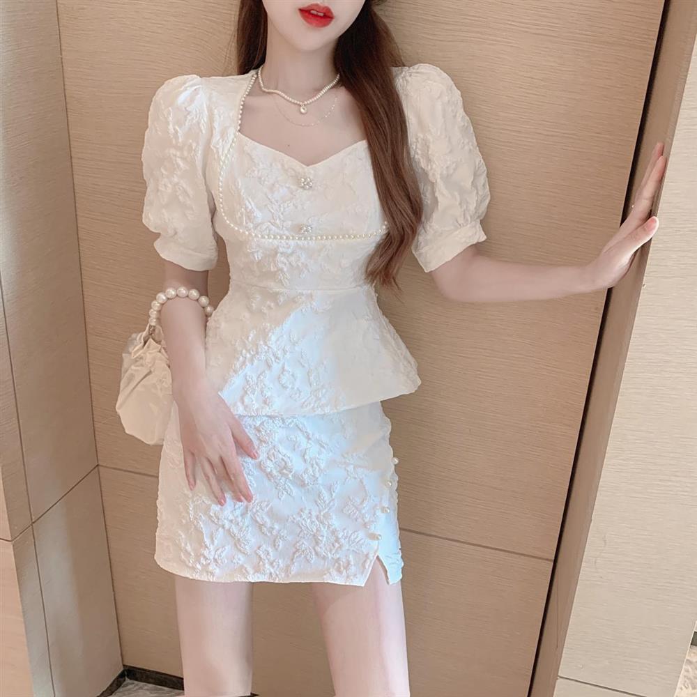 Short Sleeve Jacquard Shirt and High Slit Skirt Set Trendy Summer Outfit for Women Perfect for Parties and Casual Events