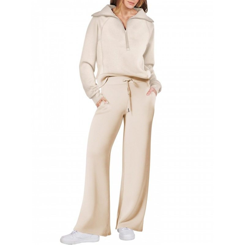 European and American Foreign trade 2024 autumn and winter fashion casual sports suit zipper long-sleeved sweater wide-leg pants two-piece set for women