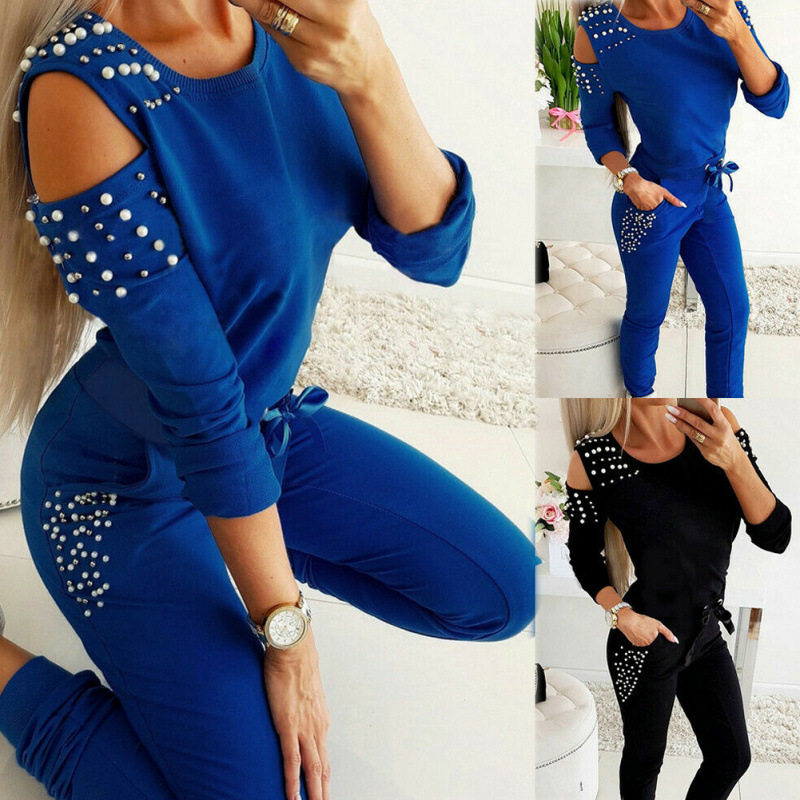 2025 European and American Autum Aliexpress Hot Selling Off-Shoulder Sexy Beaded Pure Color Sports Round Neck Long-Sleeved Casual Suit