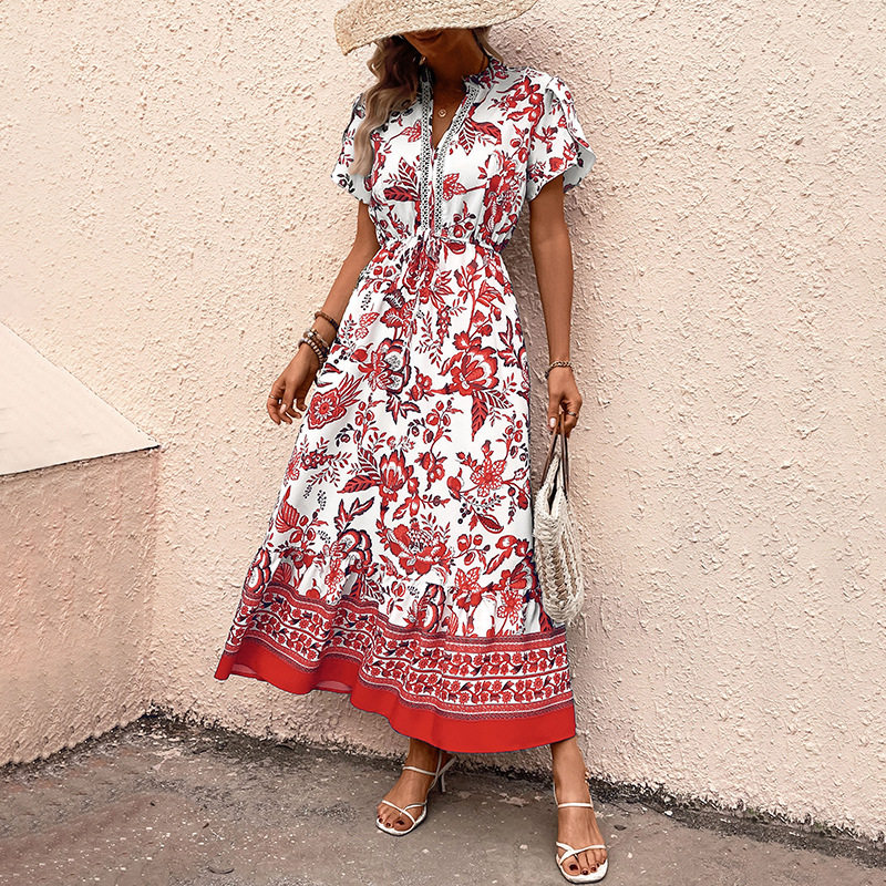 Vintage Floral Print Maxi Dress Slim Fit Blue Color Casual Style Perfect for Vacation Wholesale Available
