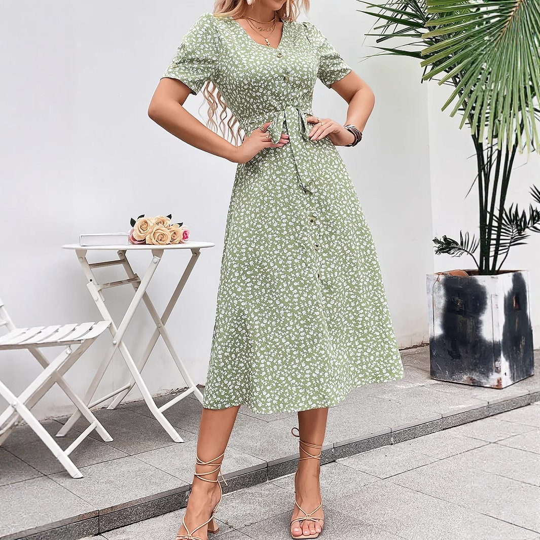 Floral Knot Dress Elegant Casual Style Suitable for Commuting and Vacations Available for Wholesale