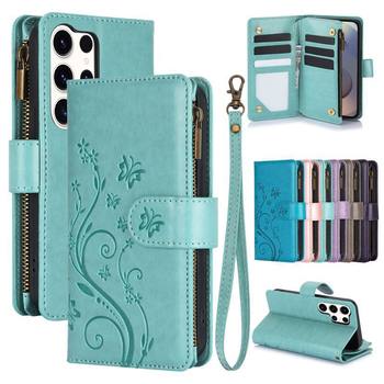 Suitable for Samsung S25S24 Butterfly Zipper Bag Mobile Phone Leather Case A17A56 Card Holder Protective Case A07A16