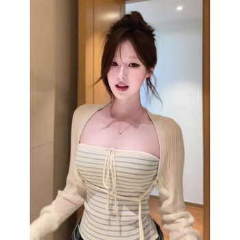 Pure Desire Hot Girl Suit Women's Early Autumn Slim Long Sleeve Knitted Cardigan Striped Tube Top Two-Piece Set