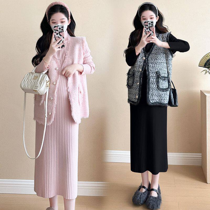 Maternity Wear Autumn and Winter Dress 2025 New Autumn Dress Small Fragrance Suit Mid-Length Autum Outing Two-Piece Set