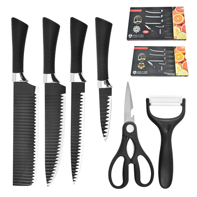 Cross-border Hot Sale 238A Six-piece Knives suit Black Wave Pattern Tie Pattern Not Stick Knives Meat Cutting Kitchen Knives suit