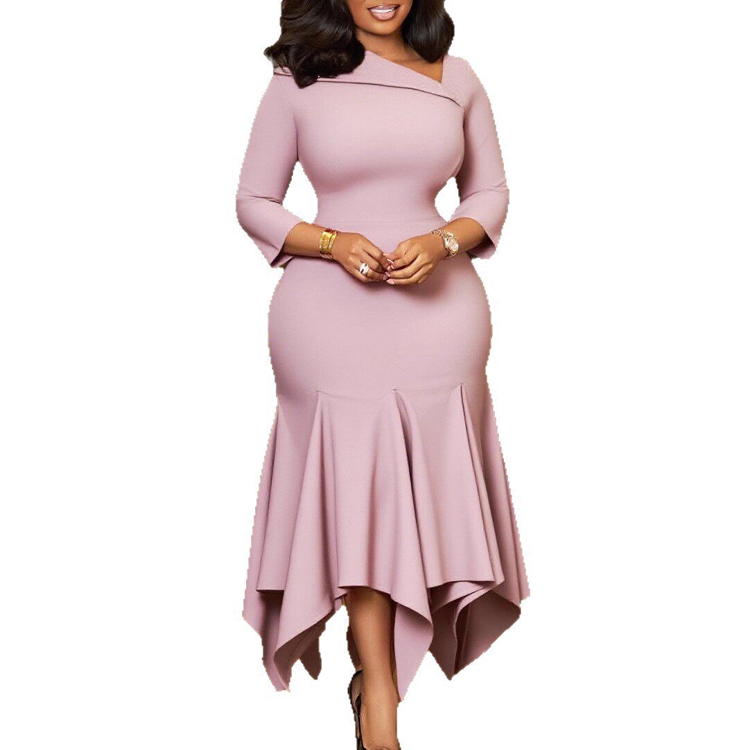 Elegant High Waisted Asymmetrical Dress Fashionable Slant Neck Three Quarter Sleeves Suitable for Parties Wholesale