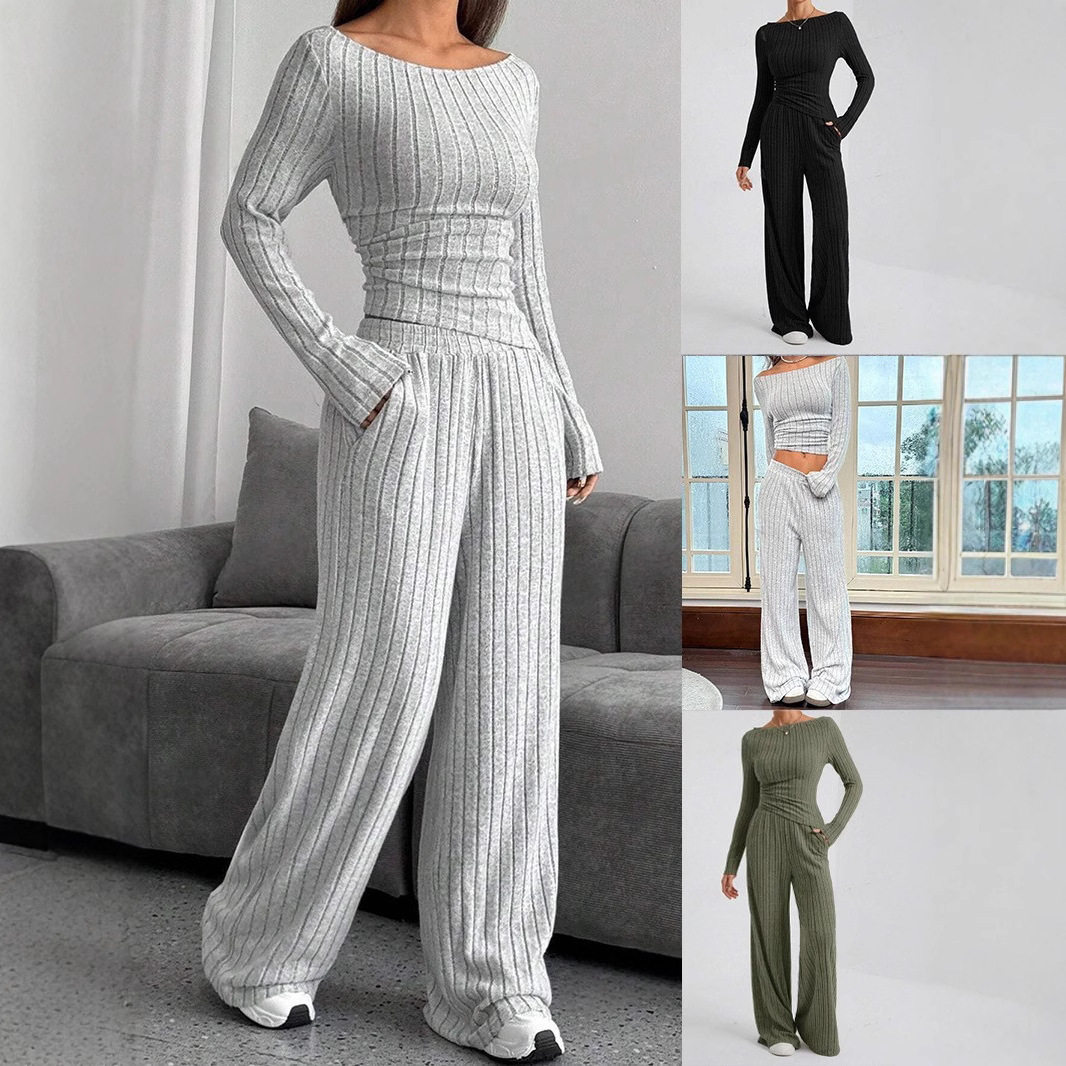 European and American Cross-Border Export 2025 Autumn and Winter Casual Pure Color High-Neck Knitted Long-Sleeved Side-Waist Loose Pants Two-Piece Set