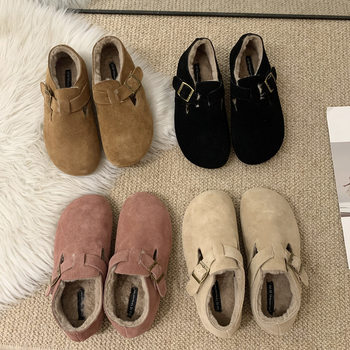 Cowhide plush shoes fleece-lined Boken single-layer shoes women's 2023 autumn and winter loafers slip-on loafers warm cotton-padded shoes