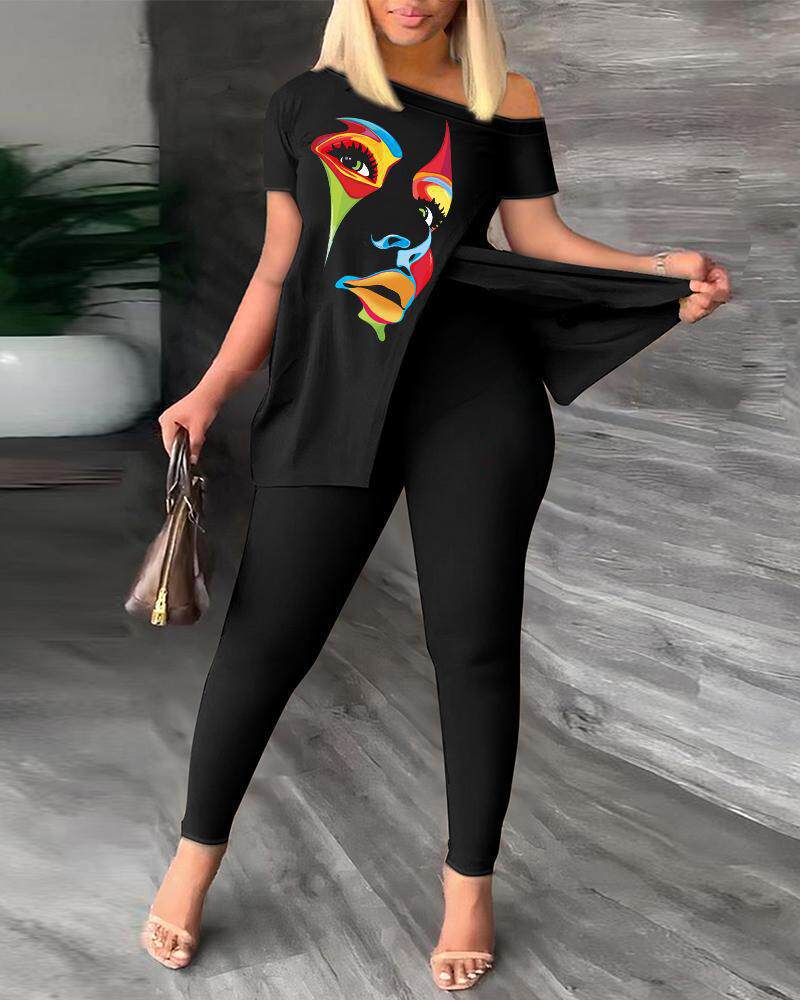 2024秋季欧美跨境女装亚马逊速卖通斜领长裤两件套时尚印花套装女