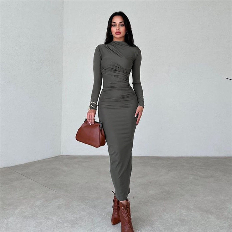 Womens Spring Dress Fashionable Solid Color Long Sleeve Slim Fit Round Neck Perfect for Casual or Formal Occasions