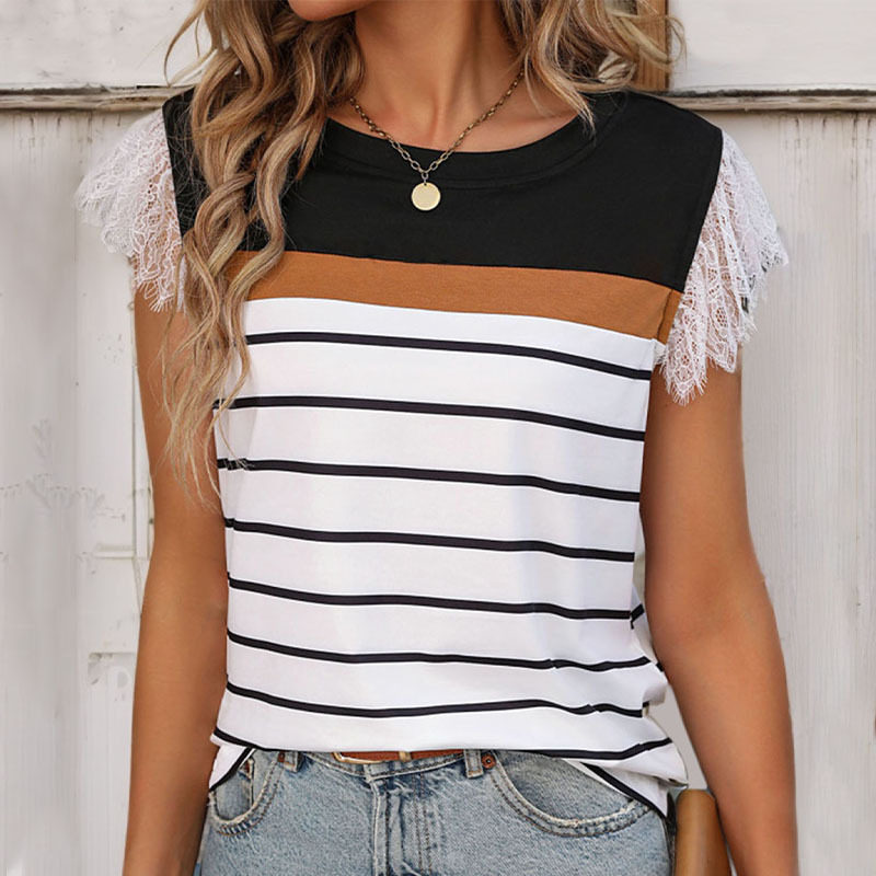 Elegant Casual Striped Lace Sleeveless T Shirt for Women Round Neck Trendy Design Perfect for Spring Summer Wholesale
