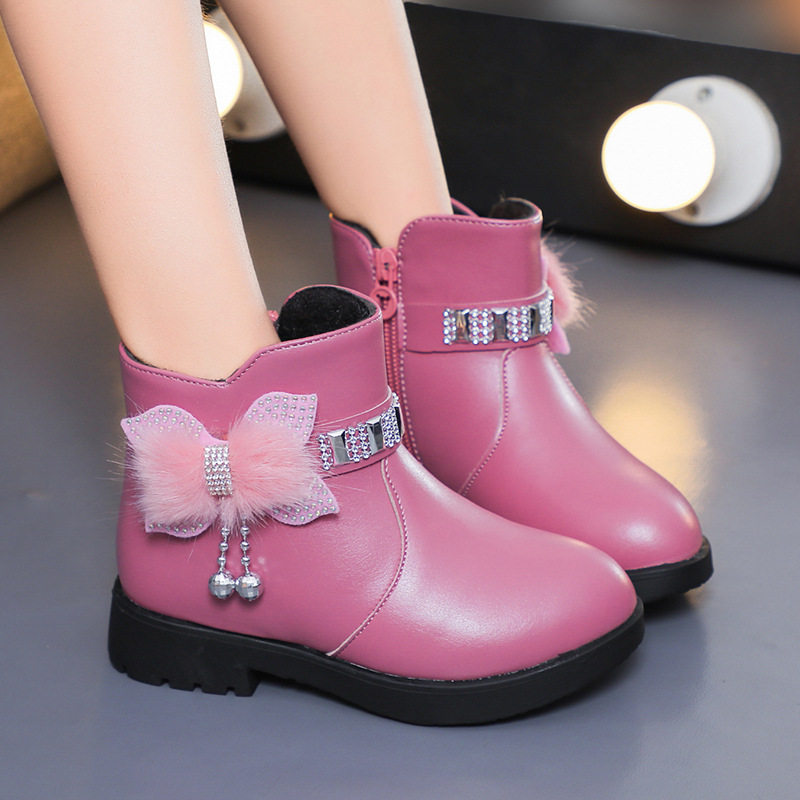 Children's Cotton Boots Princess Fashion Bow Baby Warm Leather Boots 2025 Winter Girls Rhinestone Mid-Calf Short Boots