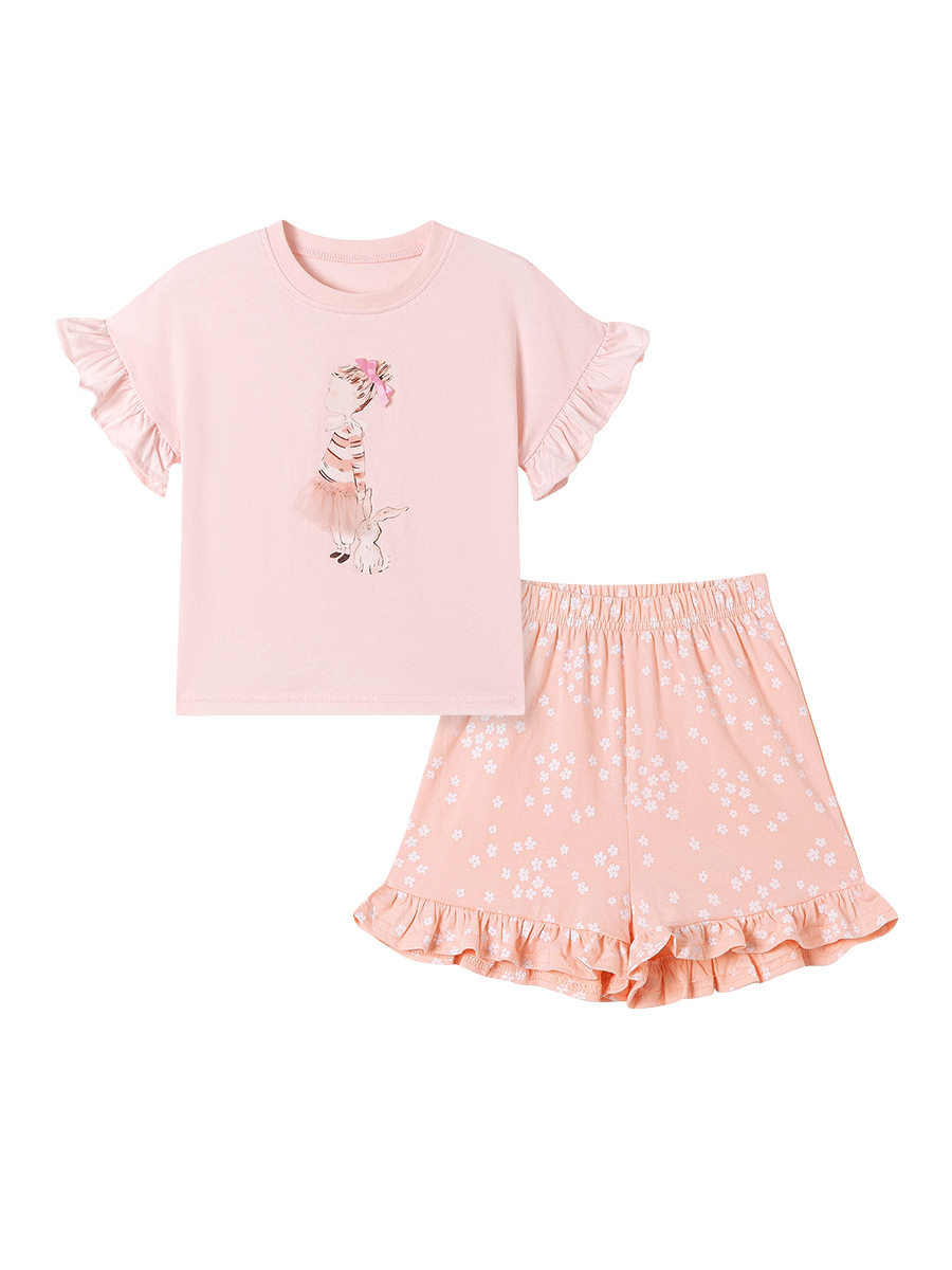 Girls' Summer Cute Set, Crew Neck T-Shirt & Shorts Two-Piece Outfit