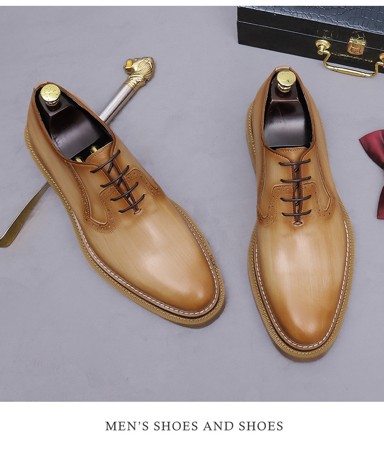 Giày Oxford nam da bò đế dày chạm khắc brogue mũi tròn — màu đen, Màu be