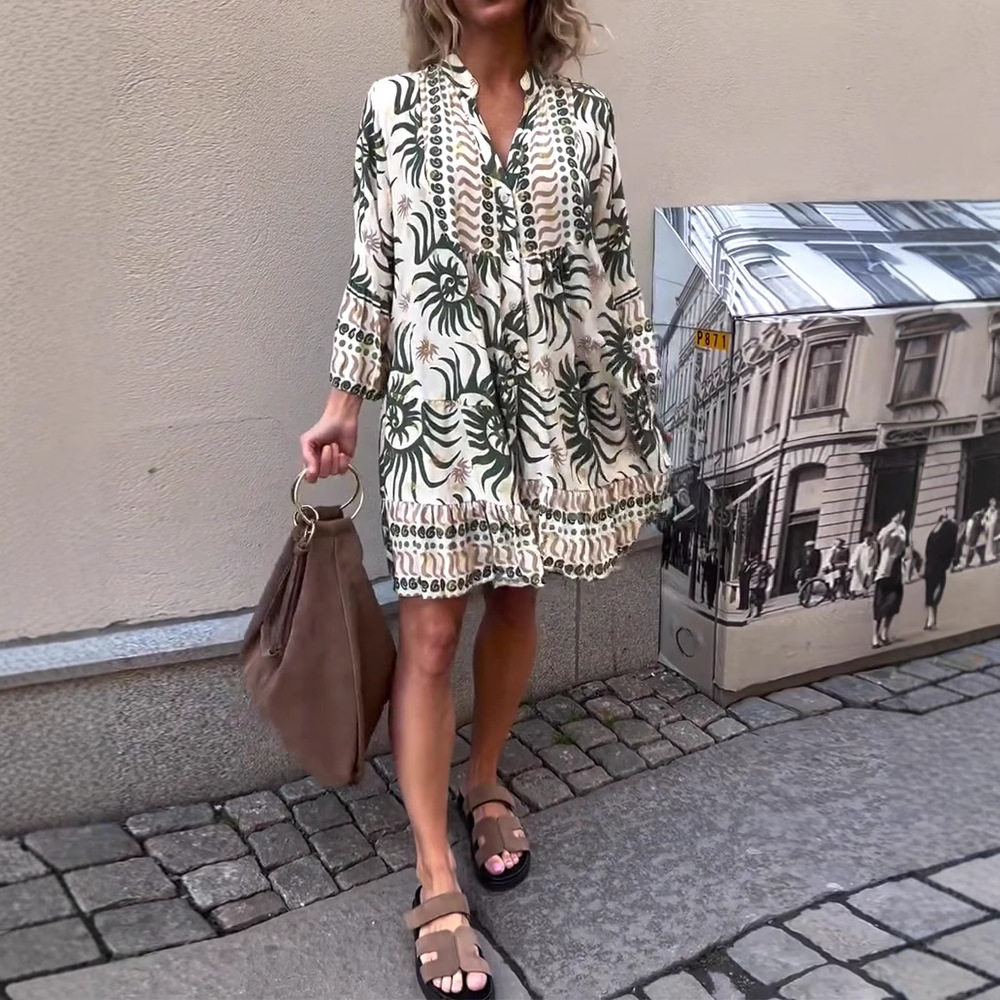 Floral Print V Neck Long Sleeve Loose Casual Dress Summer Collection Womens Fashion OEM Available