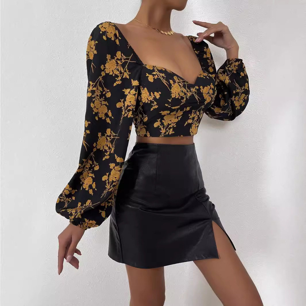 Vintage Floral Print T Shirt Short Puff Sleeves Square Neckline Lightweight Fabric Spring Summer Casual Wear