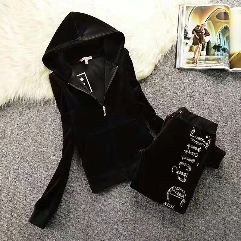 Autumn and winter 2023 European and American gold velvet crown rhinestone letter leisure sports suit women's rhinestone two-piece set