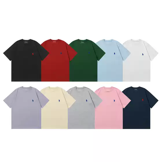 24 Years Rl Laff Summer Pure Cotton Pony Logo Short-Sleeved Pure Color Round Neck Casual Half-Sleeved Versatile T-Shirt for Men and Women