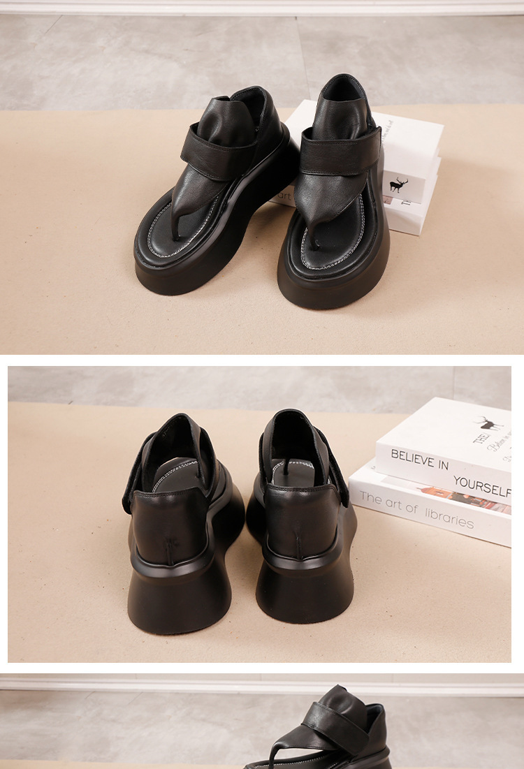Sandal nữ quai ngang kẹp ngón da bò thật đế dày nhẹ — Màu đen