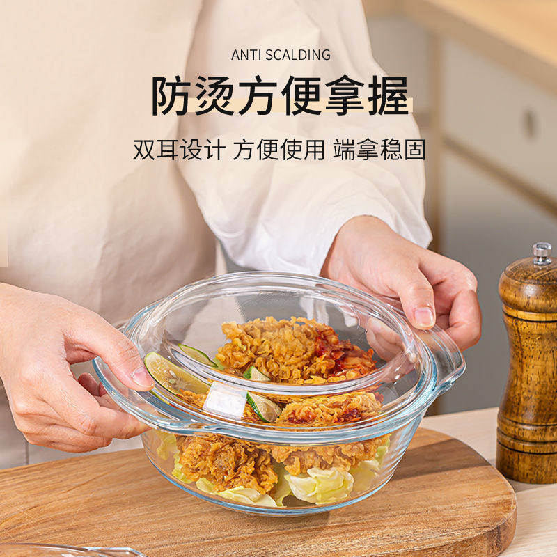 Soup Bowl with Double Ears and Lid, Crystal Glass Bowl, Heat-Resistant Instant Noodle Bowl, Oven Oven Special High-Temperature Steamed Egg Bowl