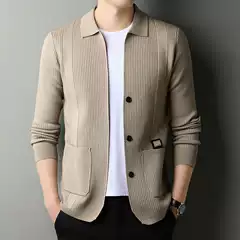 Spring and Autumn New Middle-aged Knitwear Men's Thick Real Pocket Cardigan Jacket high quality Jacket Korean-style All-match