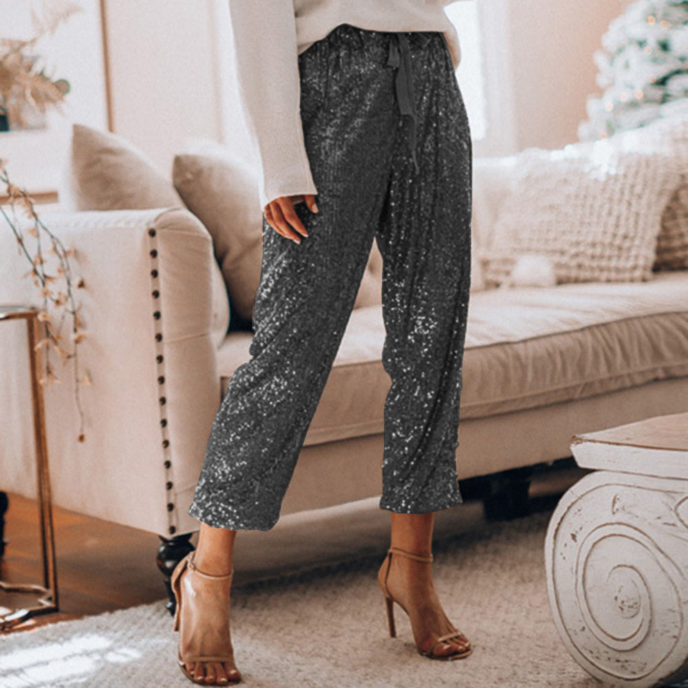 High Waisted Ruffle Hem Casual Pants Fashionable Solid Color Sequin Detail Comfortable Fit Perfect for Everyday Wear