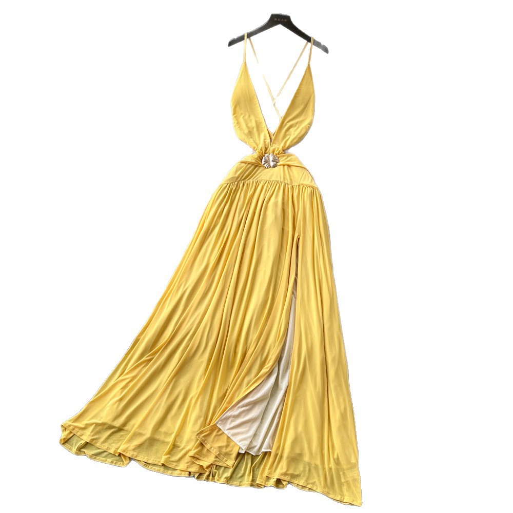 Yellow V Neck Halter Maxi Dress for Women Summer Vacation Style Slim Fit A Line Silhouette Beachwear Wholesale