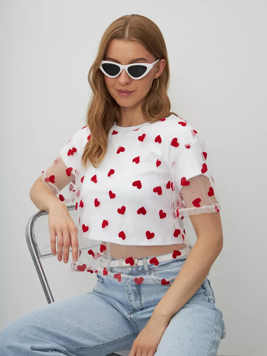 Color Block Heart Mesh Panel T Shirt for Women Short Sleeve Y2K Style Cotton Fabric Summer Casual Wear Wholesale