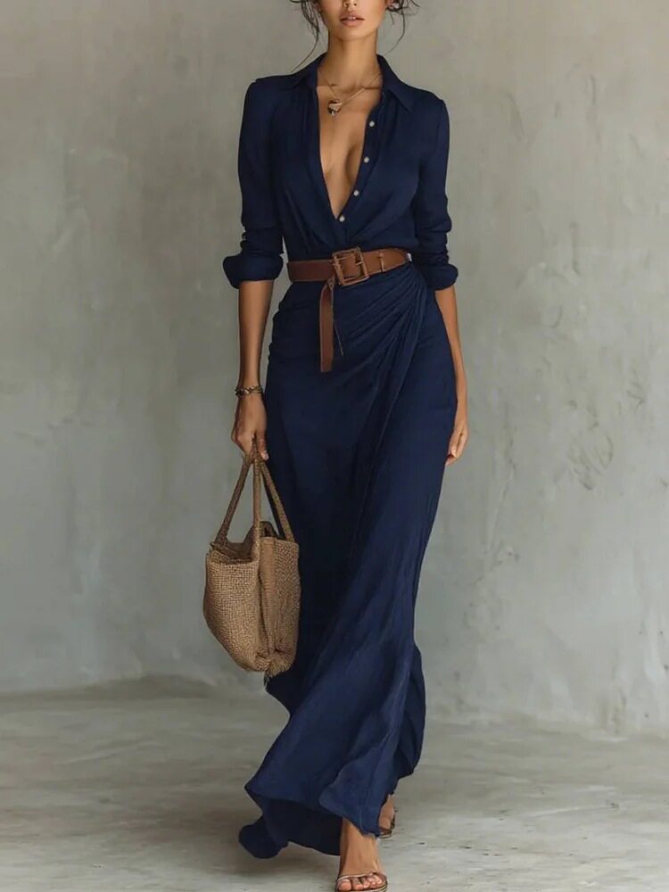Elegant Womens Autumn Dress Solid Color Irregular Pleats Waist Belt Perfect for Casual or Formal Occasions