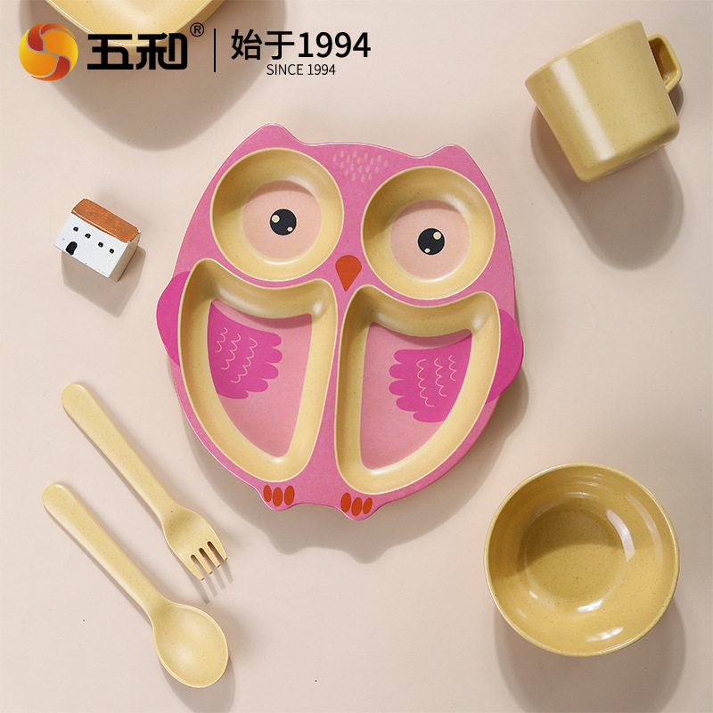 Factory direct bamboo fiber children's tableware creative compartment dinner plate complementary bowl children eat fall-resistant